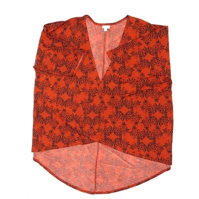 LuLaRoe Lindsay e Large L Kimono Black Red Ornate Geometric Middleweight Made in Vietnam 95% Polyester 5% Spandex Large fits 18-22