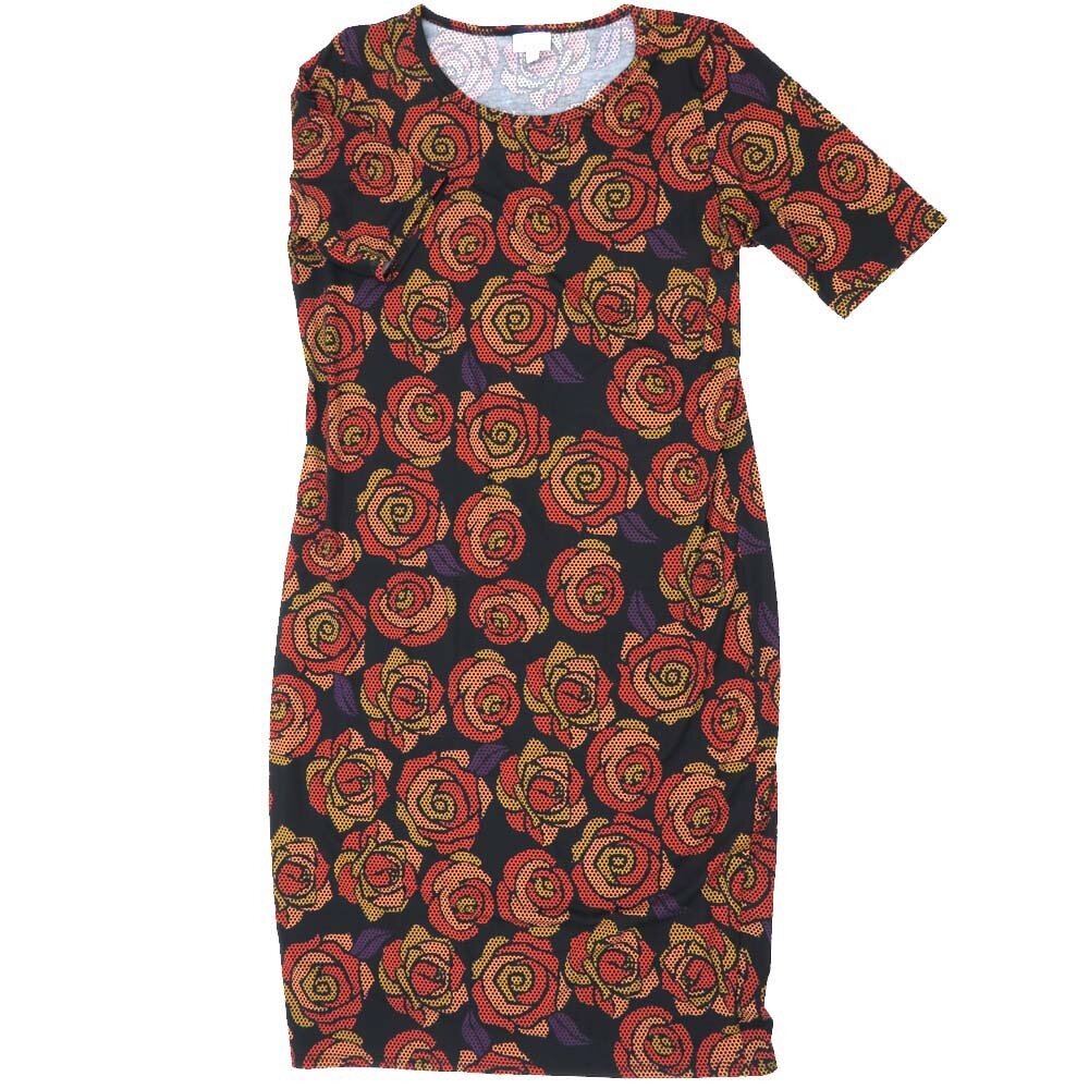 LuLaRoe JULIA f X-Large (XL) Floral Roses Polka Dot Black Red Form Fitting Knee Length Dress fits Womens sizes 20-22  F-XL-232