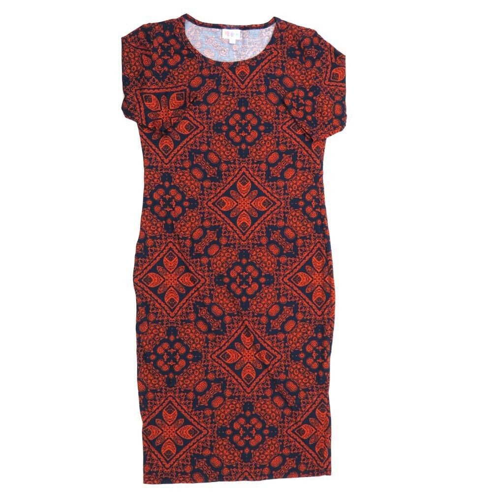 LuLaRoe JULIA c Small (S) Mandalas Trippy 70's Patchwork Red Navy Form fitting Knee Length Dress fits Womens sizes 4-6 SMALL-224