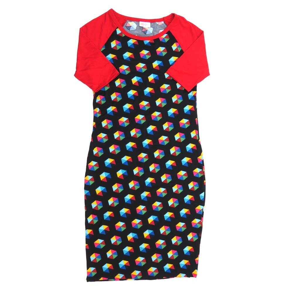 LuLaRoe JULIA b X-Small (XS) Polka Dot Rainbow Hexagons Black Red Form fitting Knee Length Dress fits Womens sizes 2-4 XS-222