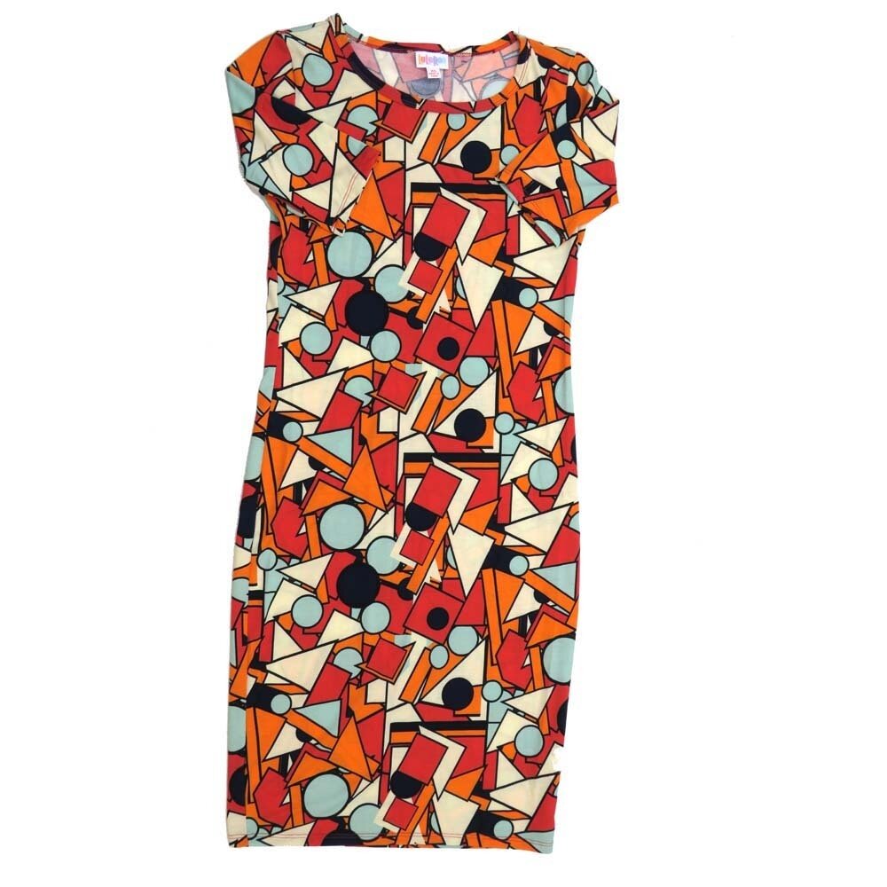 LuLaRoe JULIA b X-Small (XS) Geometric Triangles Squares Circles Black Green Teal Form fitting Knee Length Dress fits Womens sizes 2-4  XS-216