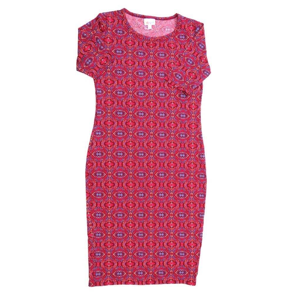 LuLaRoe JULIA b X-Small (XS) 70s Trippy Stripe Pink Red White Blue Form fitting Knee Length Dress fits Womens sizes 2-4 XS-214