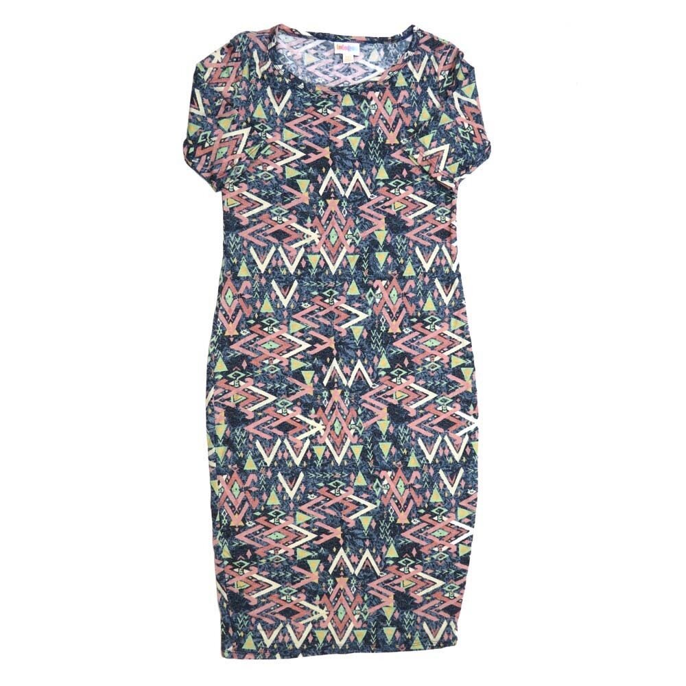LuLaRoe JULIA a XX-Small (XXS) Geometric Chevrons Blue Teal Turquoise Green Gray Black Form fitting Knee Length Dress fits Womens sizes 00-0  XXS-220