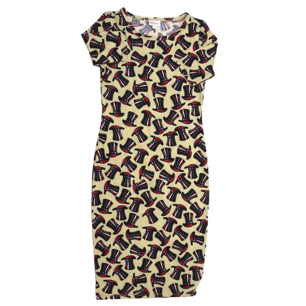 LuLaRoe JULIA a XX-Small (XXS) Americana USA Uncle Sam Top Hat Yellow Red Blue White Black Form fitting Knee Length Dress fits Womens sizes 00-0  XXS-217