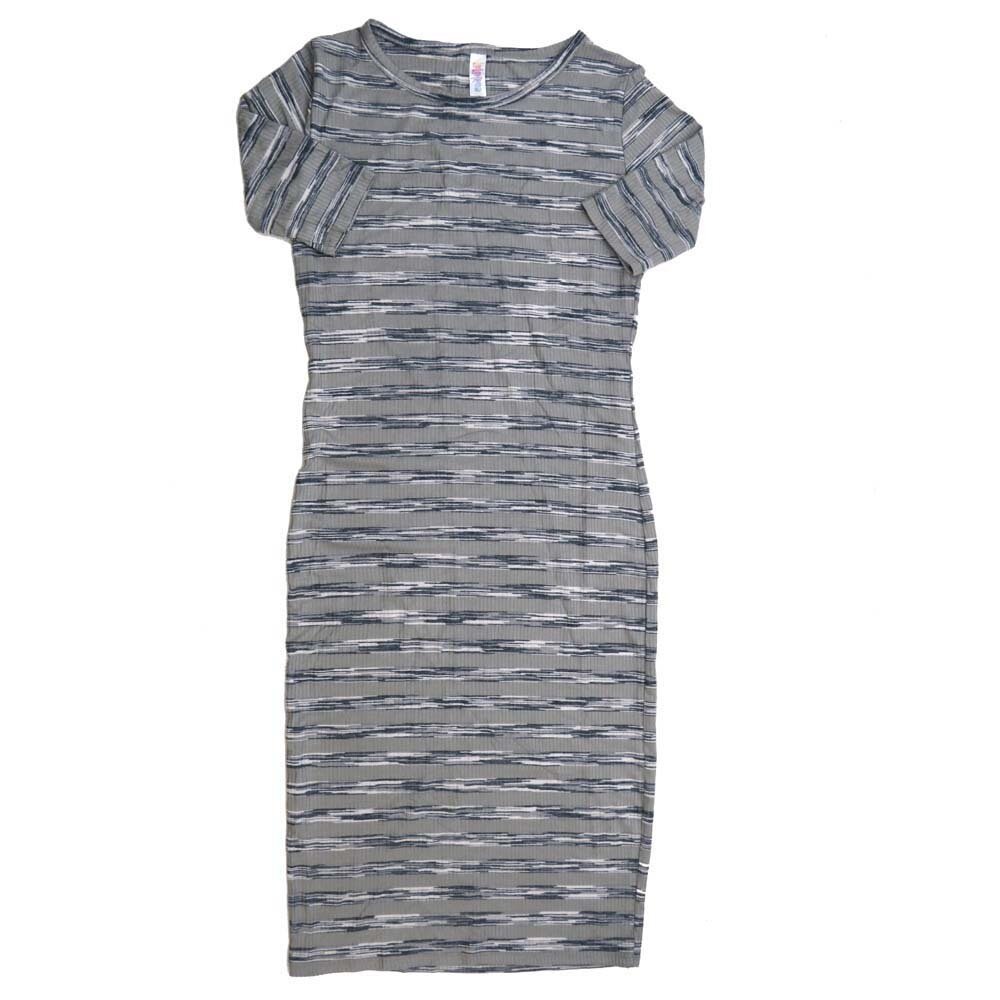 LuLaRoe JULIA a XX-Small (XXS) Stripe Gray Blue Ribbed White Form fitting Knee Length Dress fits Womens sizes 00-0  XXS-216