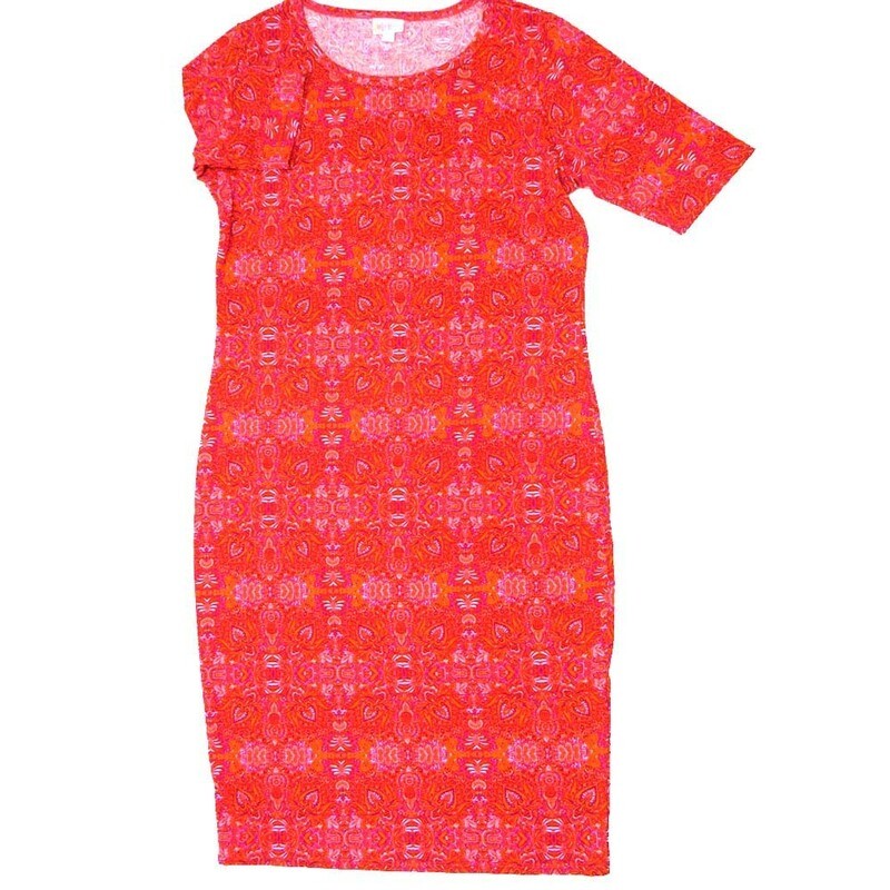 LuLaRoe JULIA f X-Large (XL) Trippy 70s Psychedelic Geometric Red Pink Form Fitting Knee Length Dress fits Womens sizes 20-22  F-XL-233