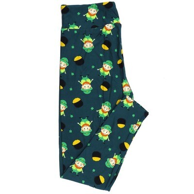 LuLaRoe One Size OS Lucky Irish St Patricks Leprechauns Pot of Gold Shamrocks Dark Turquoise Green Gold Black Leggings fits Adult Women sizes 2-10 4468-B-535439