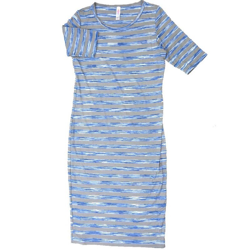 LuLaRoe JULIA c Small (S) Heathered Stripes Gray Blue White Form Fitting Knee Length Dress fits Womens sizes 4-6  C-SMALL-267