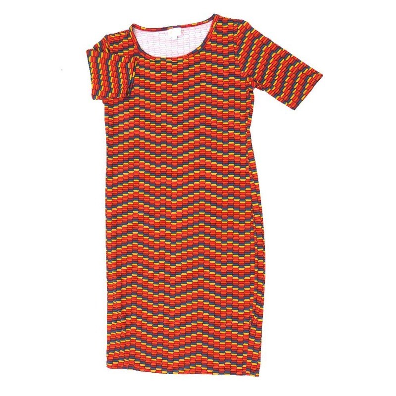 LuLaRoe JULIA c Small (S) Zig Zag Stripe Geometric Red Yellow Green Form Fitting Knee Length Dress fits Womens sizes 4-6  C-SMALL-270-2