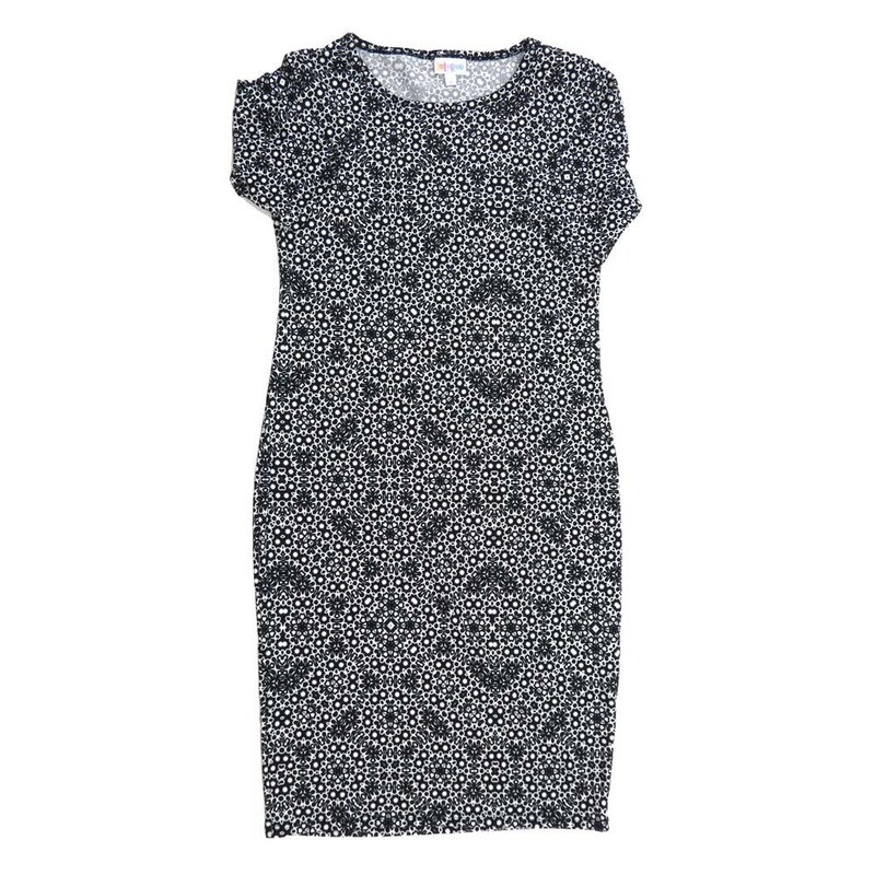 LuLaRoe JULIA c Small (S) Mandalas Trippy 70&#39;s Black White Form fitting Knee Length Dress fits Womens sizes 4-6  SMALL-227