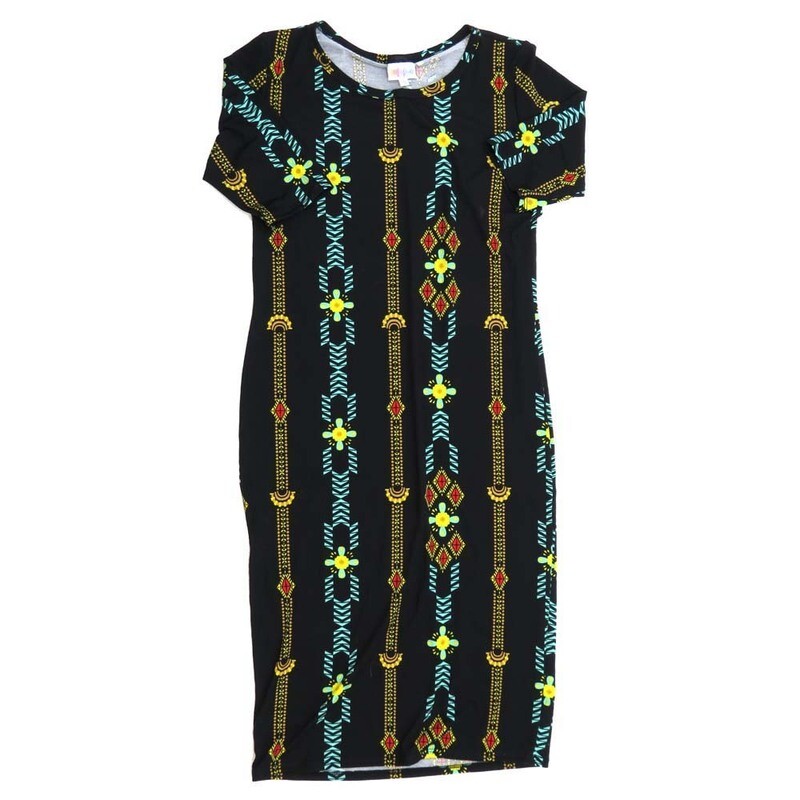 LuLaRoe JULIA c Small (S) Verticle Stripe Geometric Black Red Green White Yellow Form fitting Knee Length Dress fits Womens sizes 4-6  SMALL-223