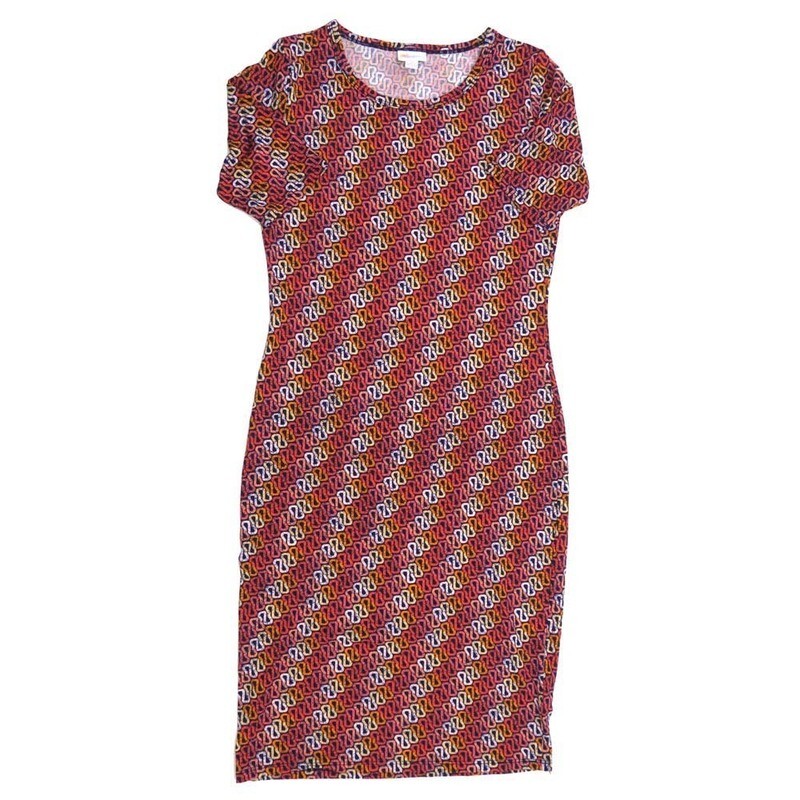 LuLaRoe JULIA c Small (S) Diagonal Stripe Geometric Ribbons Black Red Green White Form fitting Knee Length Dress fits Womens sizes 4-6  SMALL-222