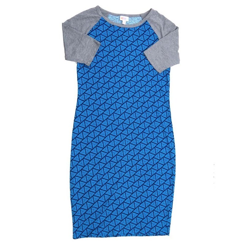 LuLaRoe JULIA c Small (S) Diagonal Stripe Geometric Triangles Herringbone Blue Gray Form fitting Knee Length Dress fits Womens sizes 4-6  SMALL-221