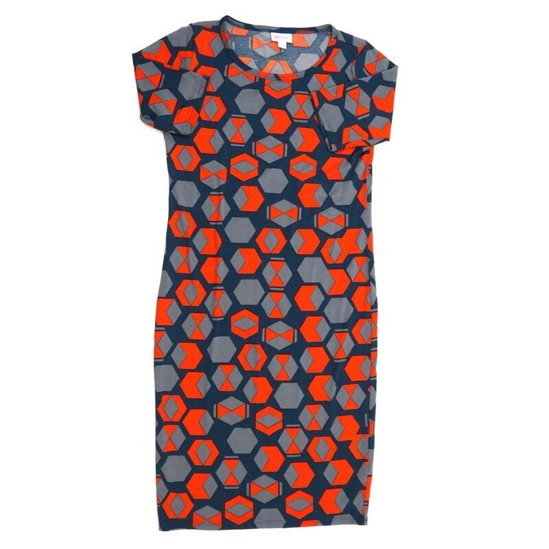 LuLaRoe JULIA c Small (S) Geometric Hexagons Cubes Blue Red Gray Form fitting Knee Length Dress fits Womens sizes 4-6  SMALL-219