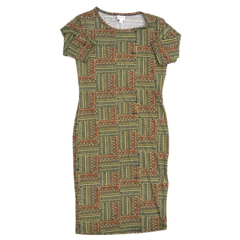 LuLaRoe JULIA c Small (S) Patchwork Geomeric Black Green Gray Form fitting Knee Length Dress fits Womens sizes 4-6  SMALL-218