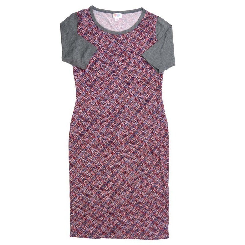 LuLaRoe JULIA c Small (S) 70s Psychedelic Red white Blue Gray Form fitting Knee Length Dress fits Womens sizes 4-6  SMALL-216