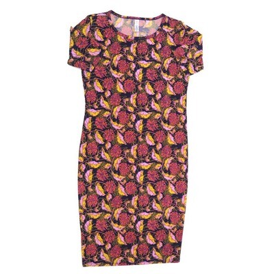 LuLaRoe JULIA c Small (S) Floral Navy Yellow Green Blue Form fitting Knee Length Dress fits Womens sizes 4-6 SMALL-214
