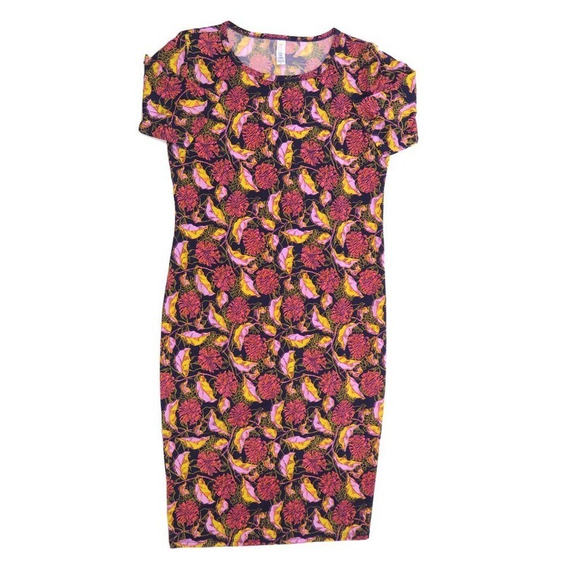 LuLaRoe JULIA c Small (S) Floral Navy Yellow Green Blue Form fitting Knee Length Dress fits Womens sizes 4-6  SMALL-214