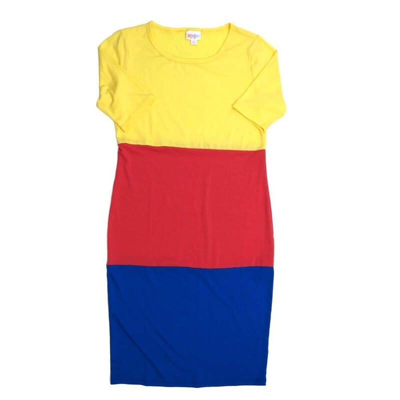 LuLaRoe JULIA c Small (S) Solid Tri-color Yellow Red Blue Form fitting Knee Length Dress fits Womens sizes 4-6  SMALL-204