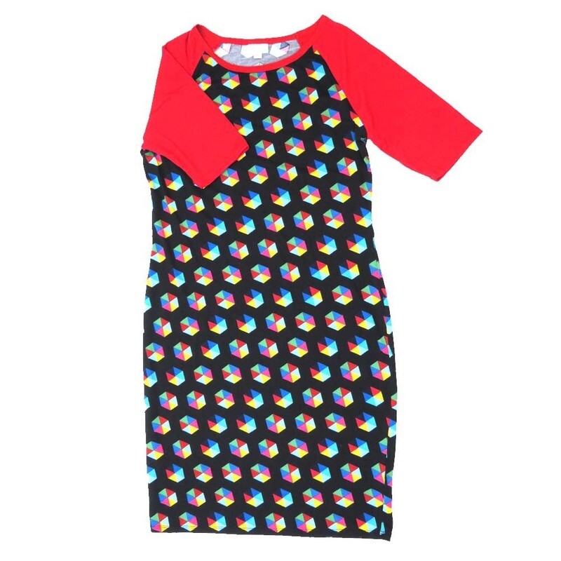 LuLaRoe JULIA e Large (L) Geometric Hexagons Polka Dot Black Blue Yellow Red Form Fitting Knee Length Dress fits Womens sizes 16/18 E-LARGE-223 LuLaRoe JULIA e Large (L) Geometric Hexagons Polka Dot Black Blue Yellow Red Form Fitting Knee Length Dress fits Womens sizes 16/18 E-LARGE-223