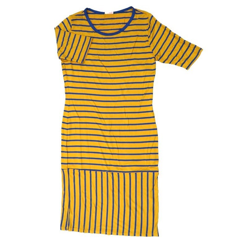 LuLaRoe JULIA e Large (L) Stripes Yellow Blue Form Fitting Knee Length Dress fits Womens sizes 16/18  E-LARGE-229