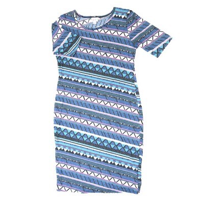LuLaRoe JULIA e Large (L) Stripes Geometric Blue White Black Gray Form Fitting Knee Length Dress fits Womens sizes 16/18 E-LARGE-222
