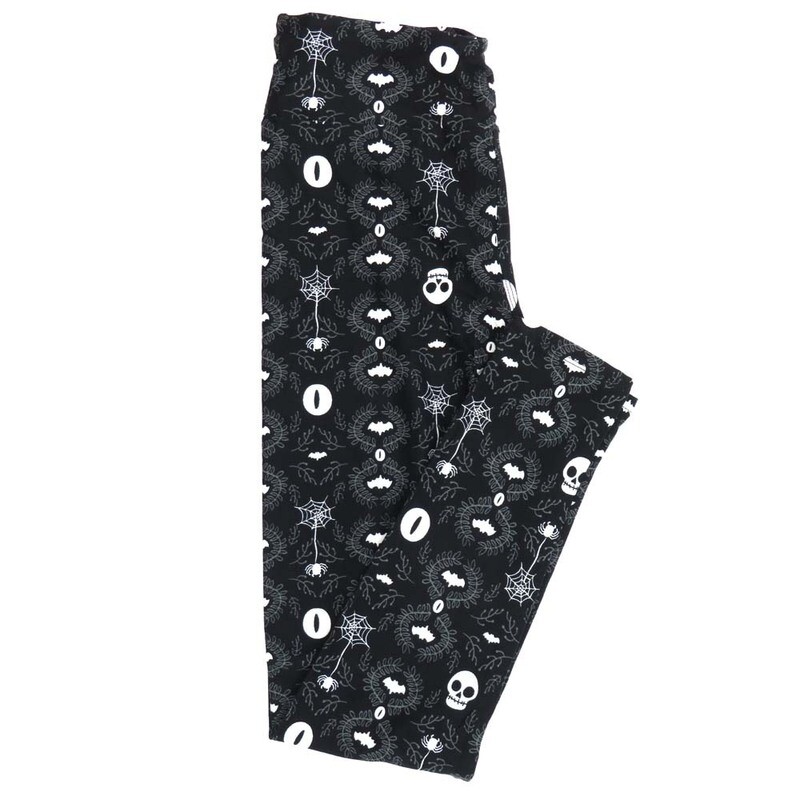 LuLaRoe Tween TW Halloween Skulls Spiders Webs Bats Blue Black  White Leggings fits Adult Women sizes 00-0  3403-B.jpg