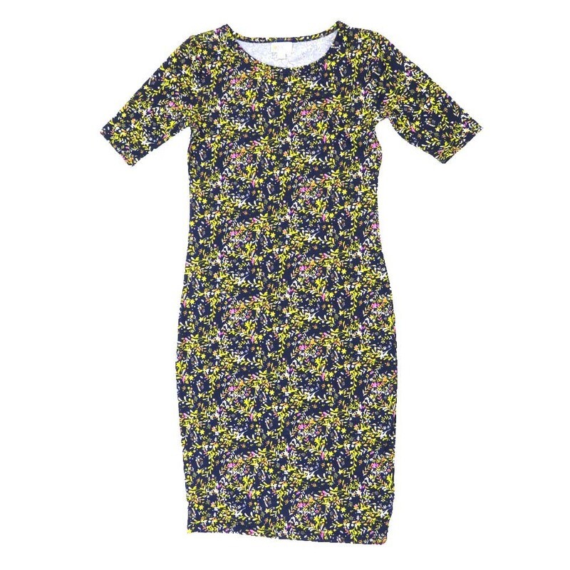LuLaRoe JULIA a XX-Small (XXS) Floral Navy Yellow White Blue Form Fitting Knee Length Dress fits Womens sizes 00-0  A-XXS-252