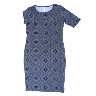 LuLaRoe JULIA d Medium (M) Mandala Geometric Blue Gray Form Fitting Knee Length Dress fits Womens sizes 8-10 D-MEDIUM-253-2