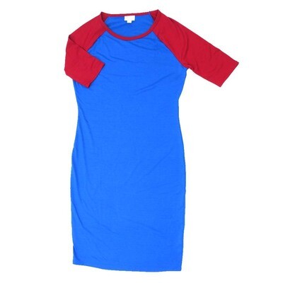 LuLaRoe JULIA d Medium (M) Solid Blue Red Sleeves Form Fitting Knee Length Dress fits Womens sizes 8-10 D-MEDIUM-261