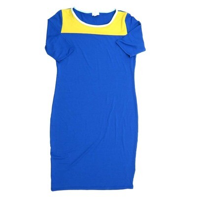 LuLaRoe JULIA d Medium (M) Solid Blue with Yellow White Accents Form fitting Knee Length Dress fits Womens sizes 8-10 MED-203