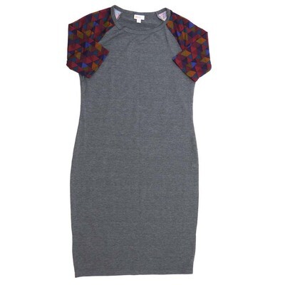 LuLaRoe JULIA d Medium (M) Solid Gray with Geometric Sleeves Blue Red Purple Form fitting Knee Length Dress fits Womens sizes 8-10 MED-200