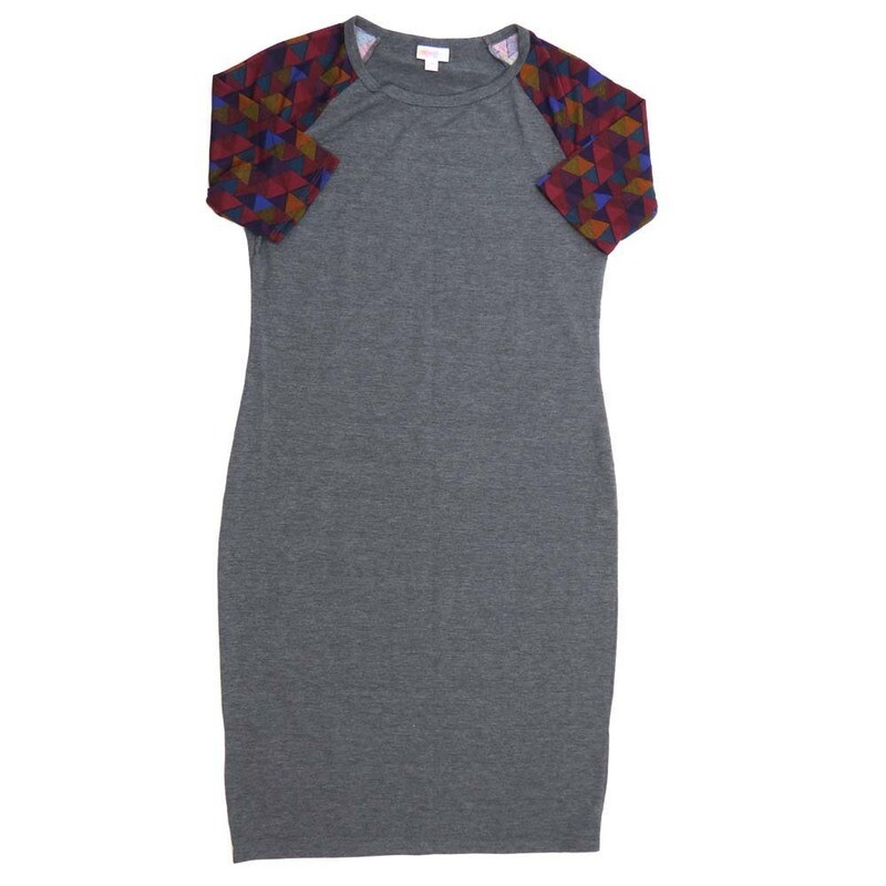 LuLaRoe JULIA d Medium (M) Solid Gray with Geometric Sleeves Blue Red Purple Form fitting Knee Length Dress fits Womens sizes 8-10 MED-200 LuLaRoe JULIA d Medium (M) Solid Gray with Geometric Sleeves Blue Red Purple Form fitting Knee Length Dress fits Womens sizes 8-10 MED-200