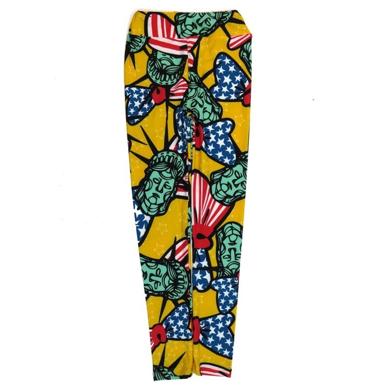 LuLaRoe Tween TW USA Americana Statue of Liberty Stars &amp; Stripes Yellow Blue Red White Leggings fits Adult Women sizes 00-0  3403-T.jpg