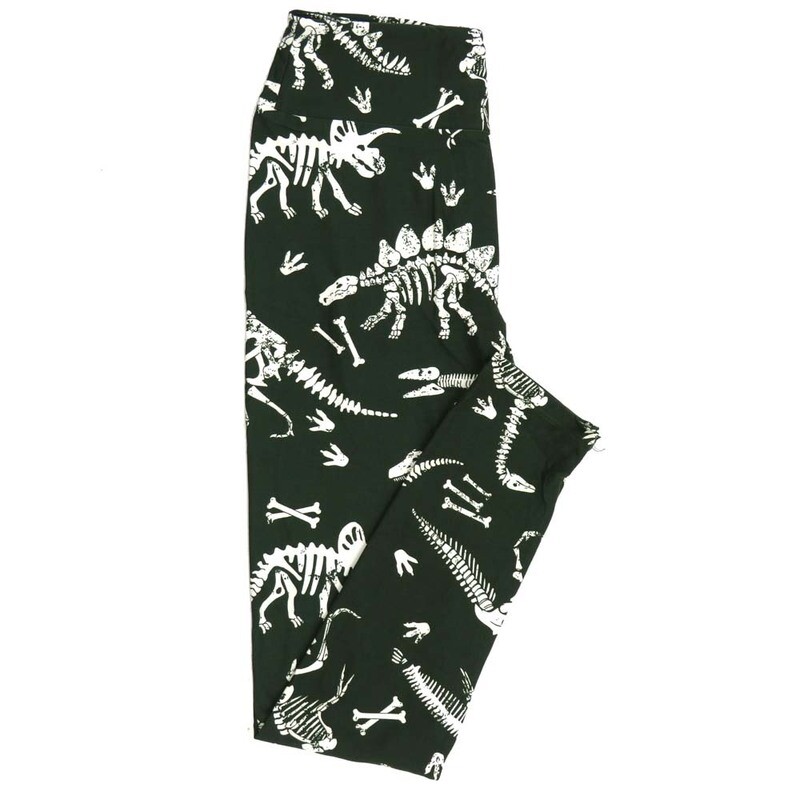 LuLaRoe One Size OS Dinosaurs Triceratops Stegosaurus Bones Green White Leggings fits Adult Women sizes 2-10  4474-A5