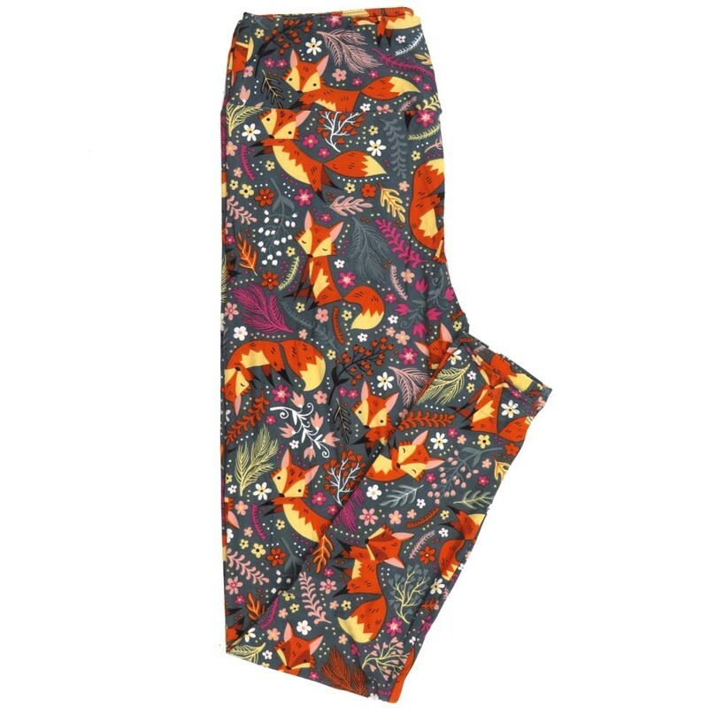 LuLaRoe One Size OS Foxes Playing Sleeping Floral Green Gray Yellow White Blue Leggings fits Adult Women sizes 2-10  4474-E5