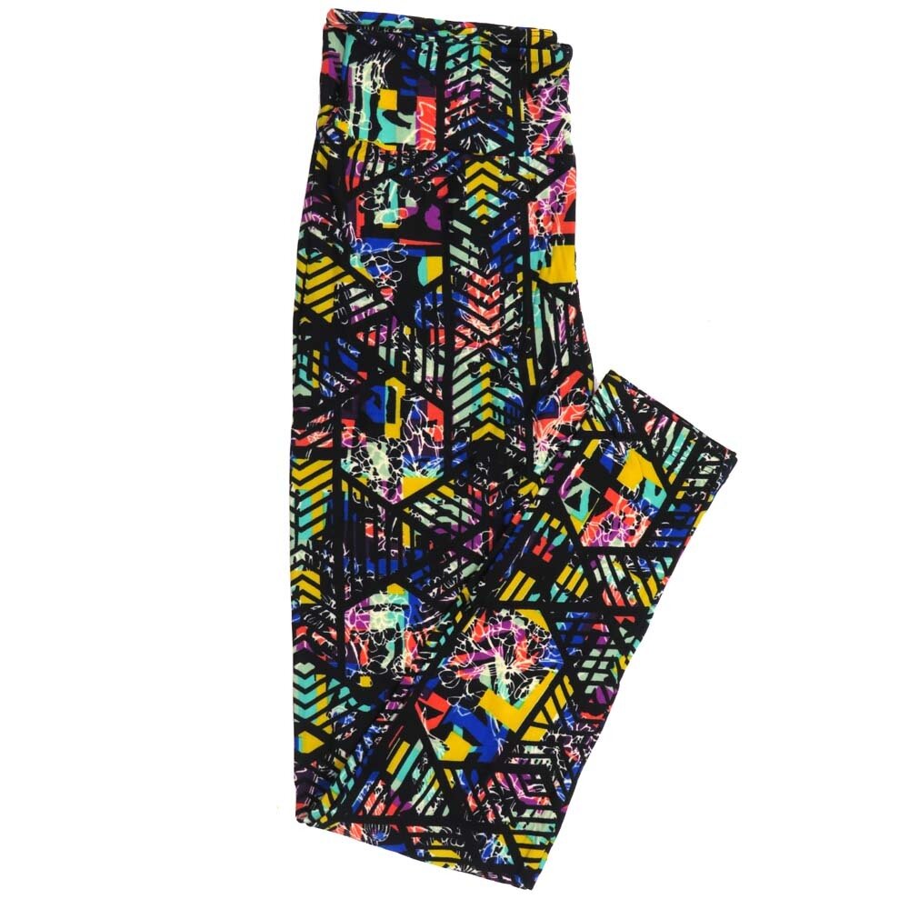 LuLaRoe One Size OS Geometric Stripe Chevrons Black Yellow White Blue Green Leggings fits Adult Women sizes 2-10  4476-B2