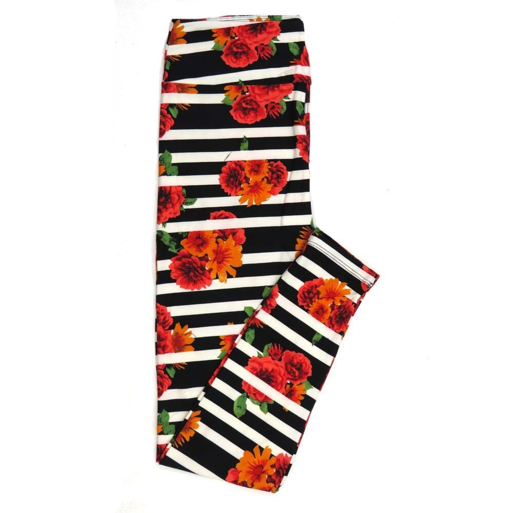 LuLaRoe One Size OS Stripe Roses Floral Black White Pink Green Leggings fits Adult Women sizes 2-10  4475-S