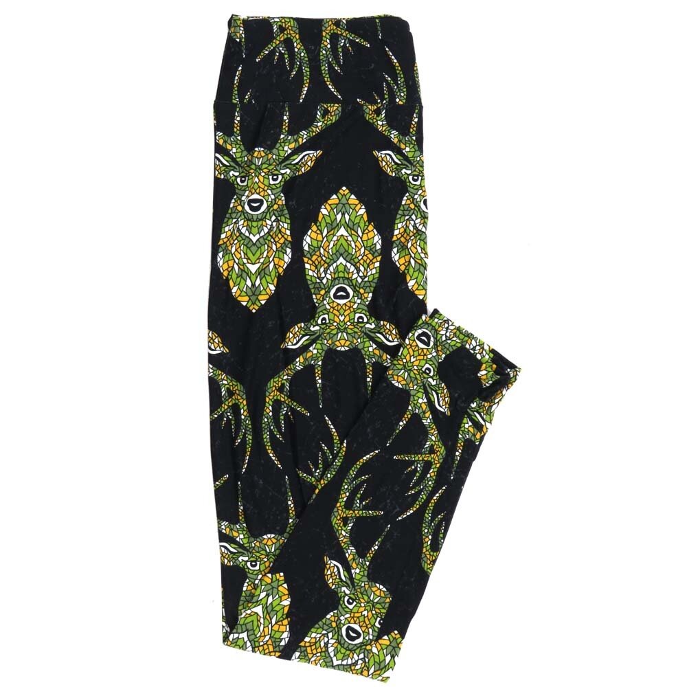 LuLaRoe One Size OS Bejeweled Deer Antlers Black Green Yellow White Leggings fits Adult Women sizes 2-10 4475-L