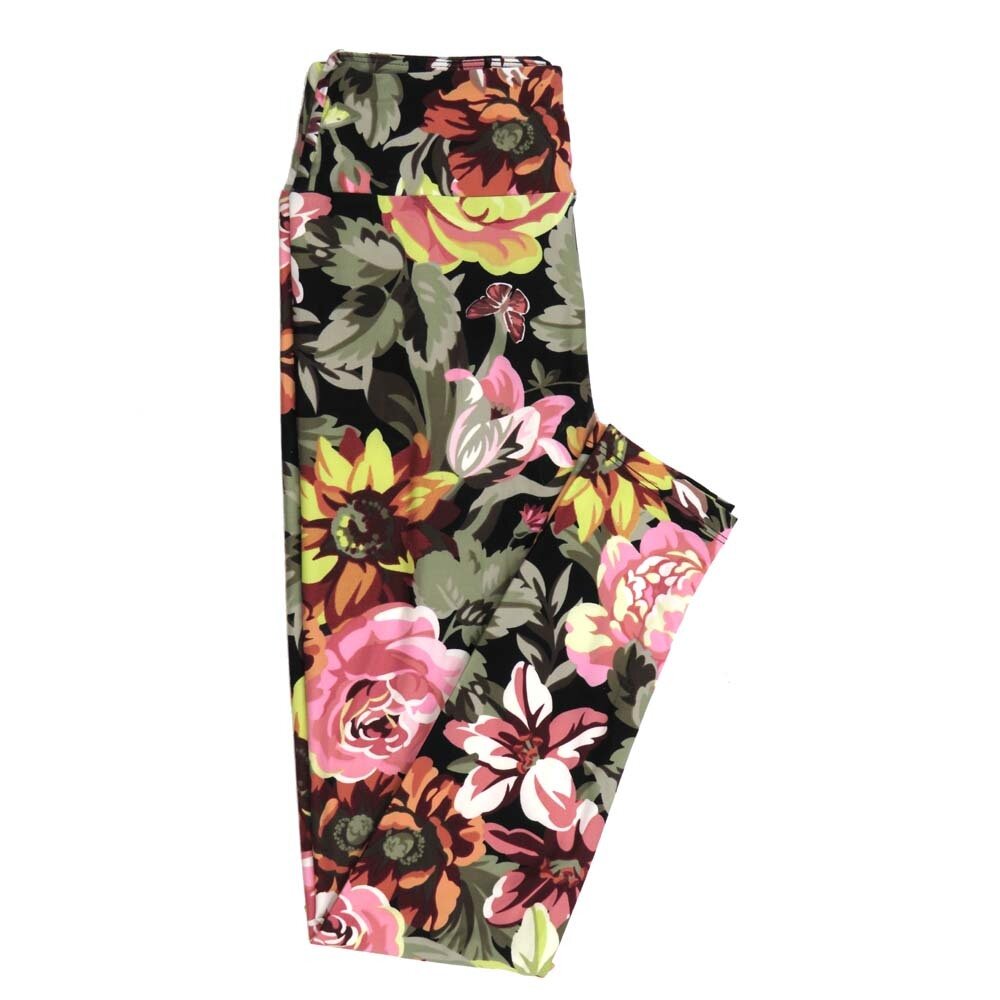LuLaRoe One Size OS Roses Lilies Floral Butterfllies Black Green Pink Yellow White Leggings fits Adult Women sizes 2-10  4471-C2