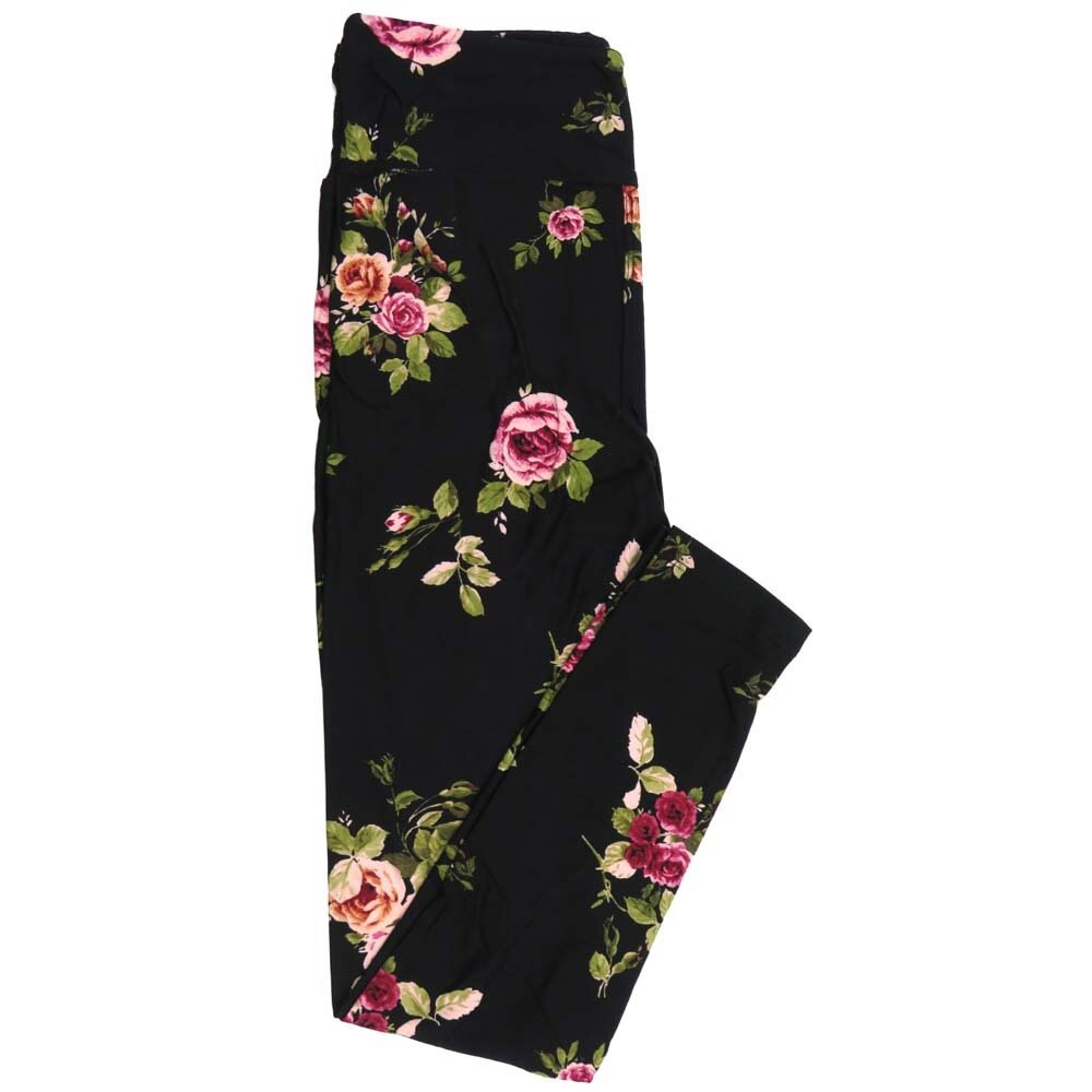 LuLaRoe One Size OS Roses Floral Black Pink Yellow Green Leggings fits Adult Women sizes 2-10 4470-H5