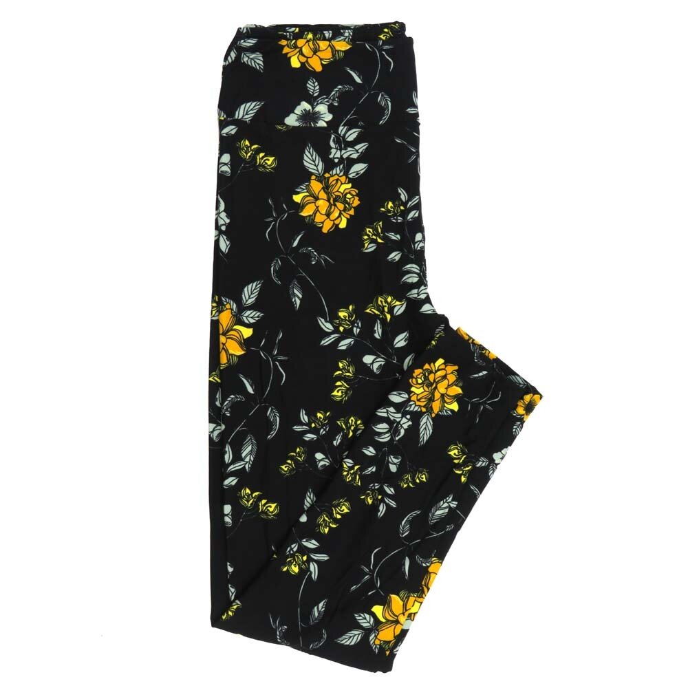LuLaRoe One Size OS Floral Black Yellow White Green Gray Leggings fits Adult Women sizes 2-10  4470-E5