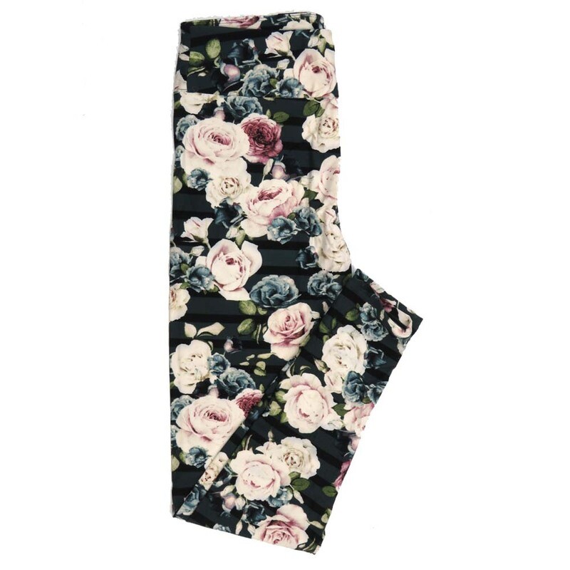 LuLaRoe One Size OS Roses Floral Stripe Gray Black White Pink Green Leggings fits Adult Women sizes 2-10  4476-I