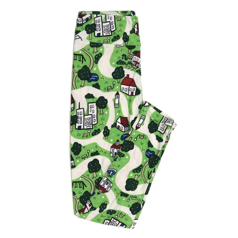 LuLaRoe One Size OS Houses on the Street Black Green White Red Leggings fits Adult Women sizes 2-10  4476-G