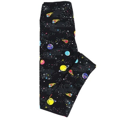 LuLaRoe One Size OS Outer Space Planets Staurn Stars Earth Black Blue White Yellow Leggings fits Adult Women sizes 2-10  4474-B5