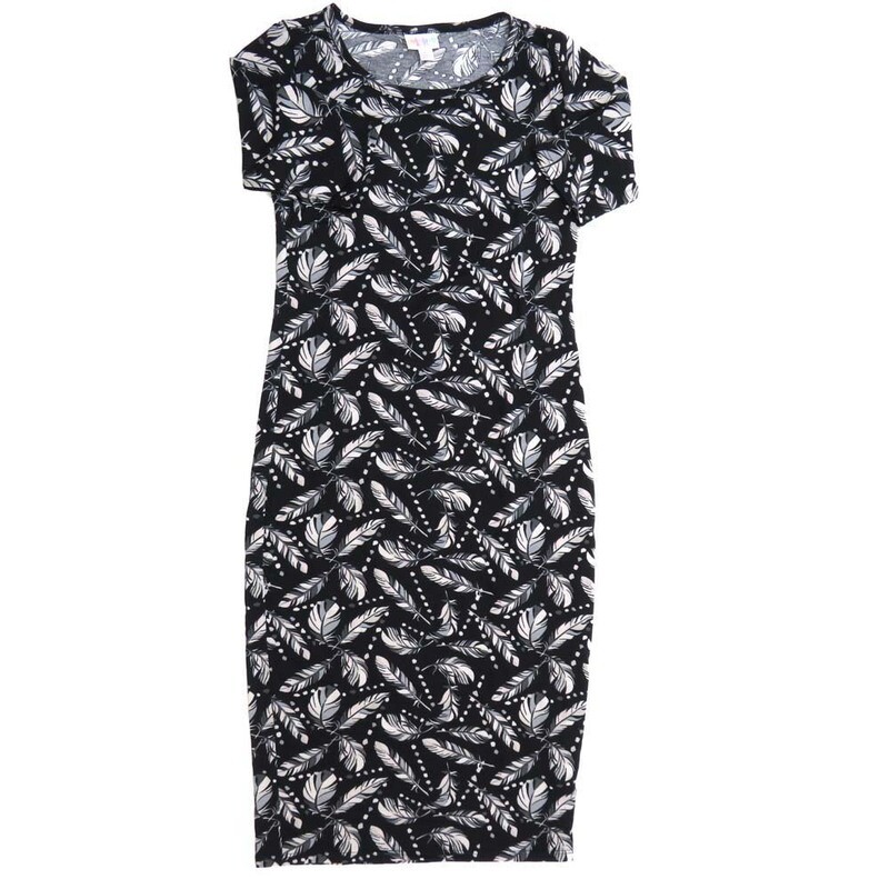 LuLaRoe JULIA b X-Small (XS) Feathers Black Gray White Form fitting Knee Length Dress fits Womens sizes 2-4  XS-232