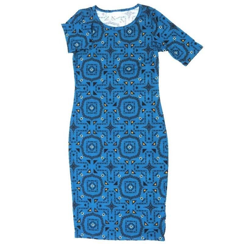 LuLaRoe JULIA b X-Small (XS) Trippy 70s Psychedelic Geometric Gods Eye Aztek Southwestern Form Fitting Knee Length Dress fits Womens sizes 2-4  B-XS-258