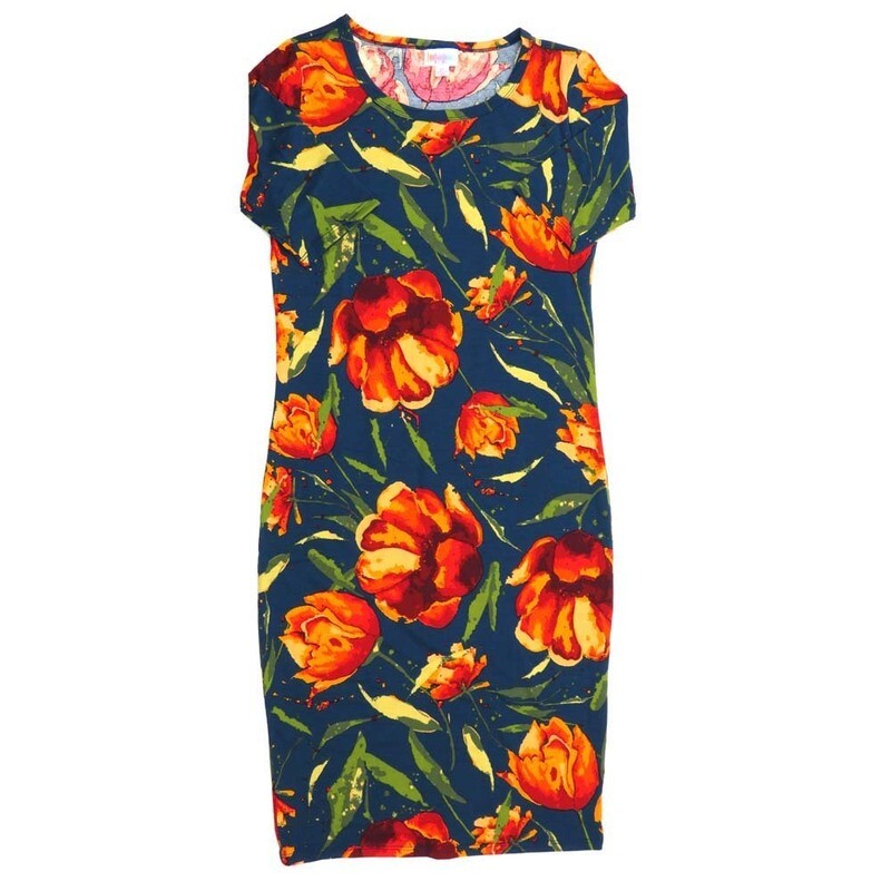 LuLaRoe JULIA b X-Small (XS) Floral Slate Blue Red Yellow Green Form fitting Knee Length Dress fits Womens sizes 2-4  XS-230