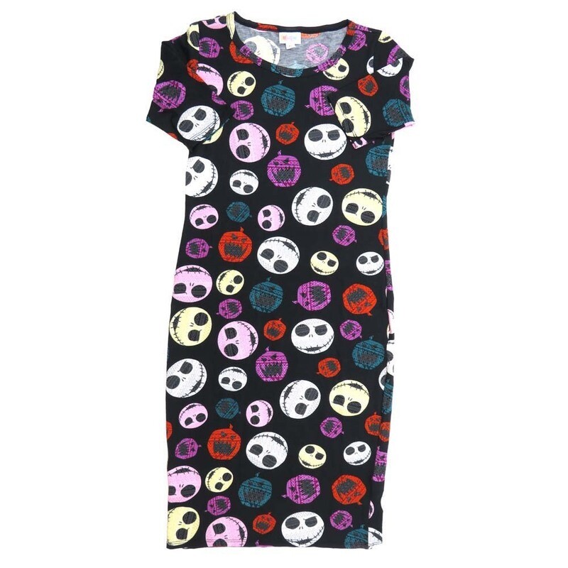 LuLaRoe JULIA b X-Small (XS) Disney Nightmare Before Christmas Jack Skellington Black Red JackoLanterns Gray Purple Form fitting Knee Length Dress fits Womens sizes 2-4  XS-227