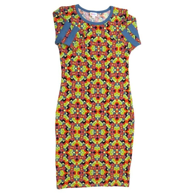 LuLaRoe JULIA b X-Small (XS) Micro Polka Dot TrianglesTrippy 70s Fuchsia Black Green Form fitting Knee Length Dress fits Womens sizes 2-4  XS-225